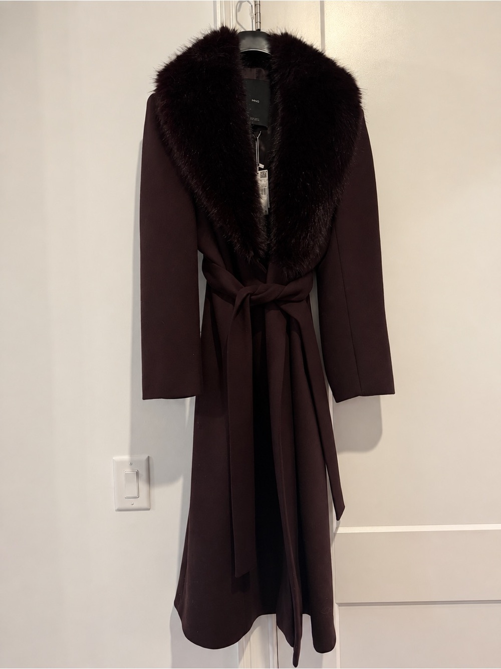 Mango Long Belted Coat with Faux Fur Collar - Burgundy